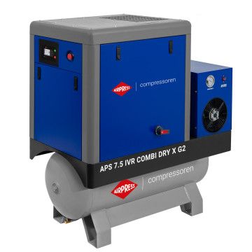 Compresor de tornillo APS 7.5 IVR Combi Dry X G2 10 bar 7.5 CV/5.5 kW 170-760 l/min 200 l Compresor de tornillo APS 7.5 IVR Combi Dry X G2 10 bar 7.5 CV/5.5 kW 170-760 l/min 200 l